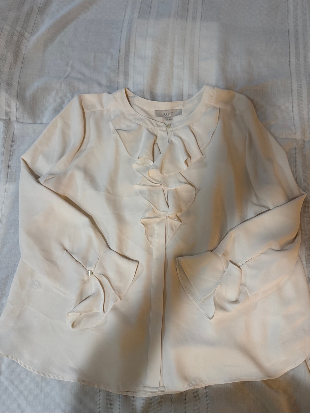 LOFT Cream Ruffle-Front Long Sleeve Blouse